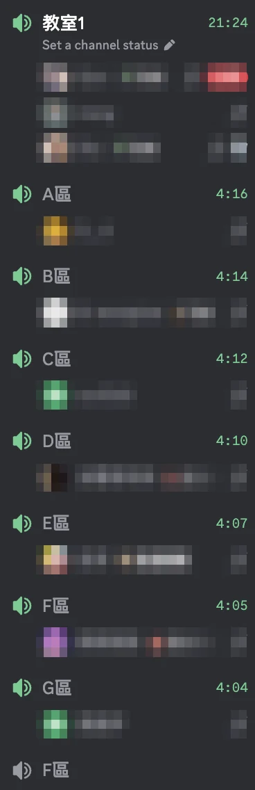 Discord 頻道清單截圖,主教室之外另有 A 區到 G 區七個分組討論室,各室內成員姓名與頭像皆已打碼。